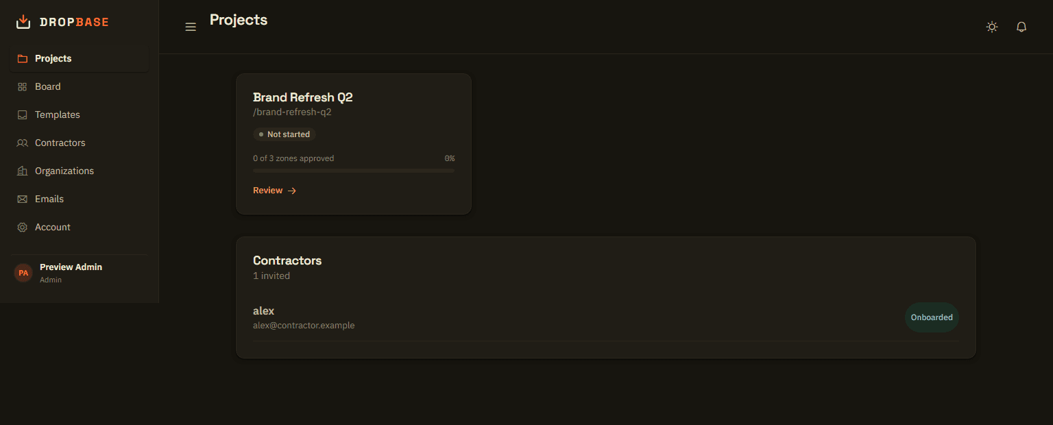 DropBase admin dashboard with project cards and due dates