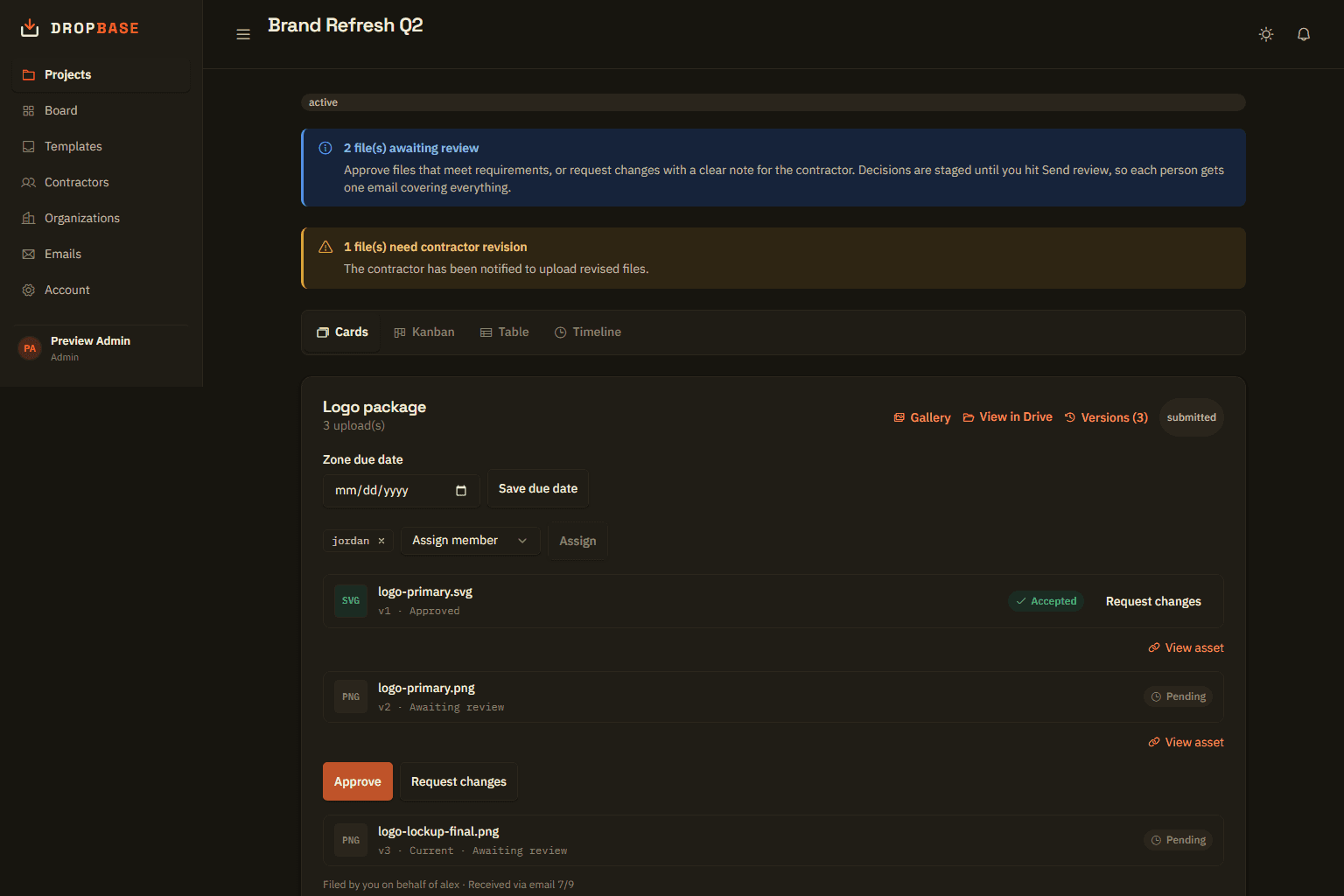 Admin review panel with approve and request-changes actions