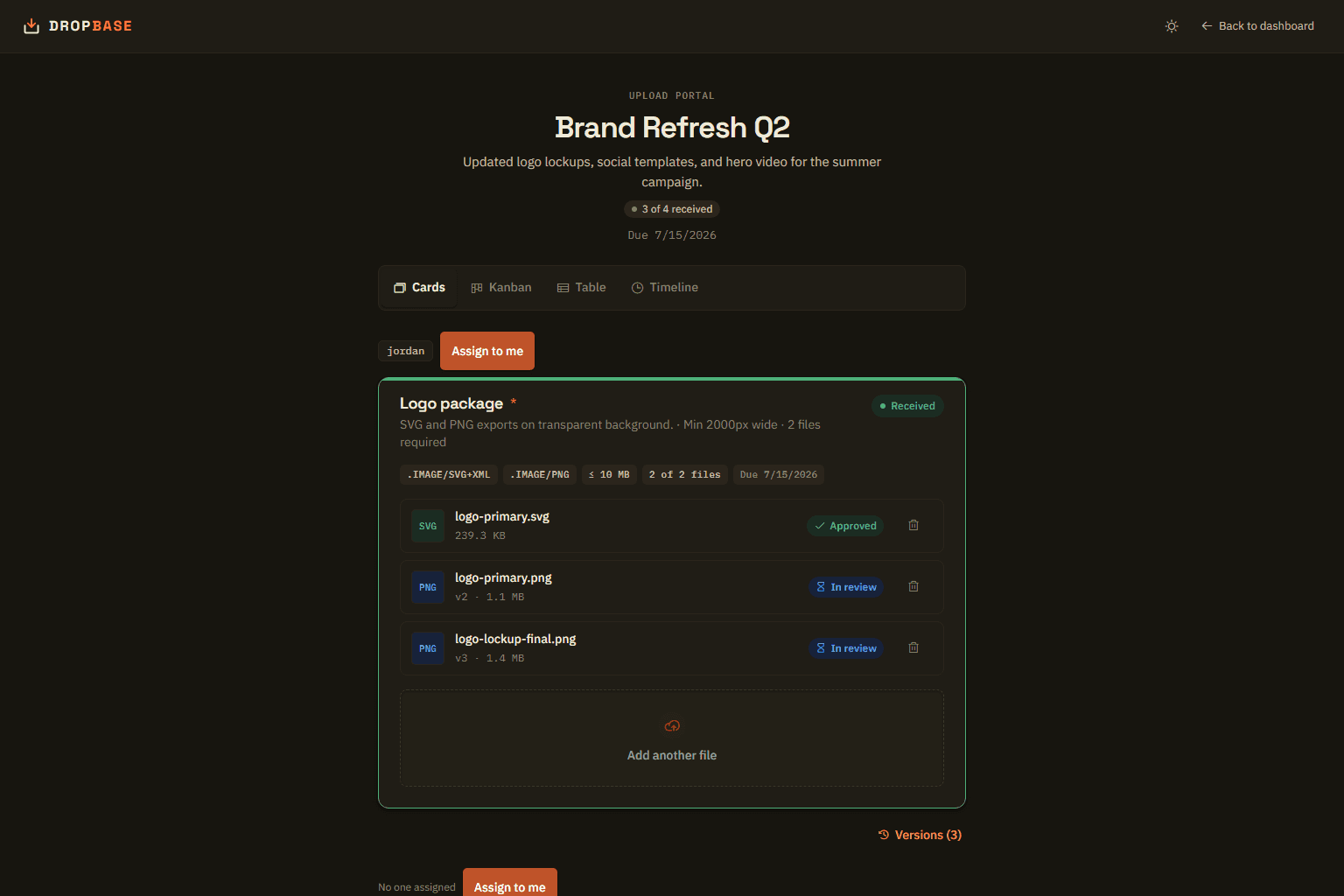 Contractor upload portal with drop zones and file rows